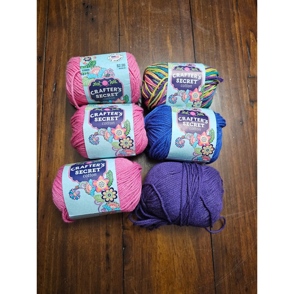 Crafter's Secret Cotton Yarn Lot of 6 Skeins Hot Pink Royal Rainbow Purple 100%